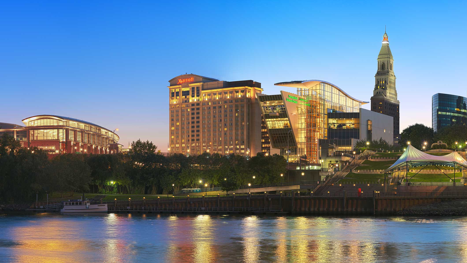 View of the Science Center at dusk from the CT River