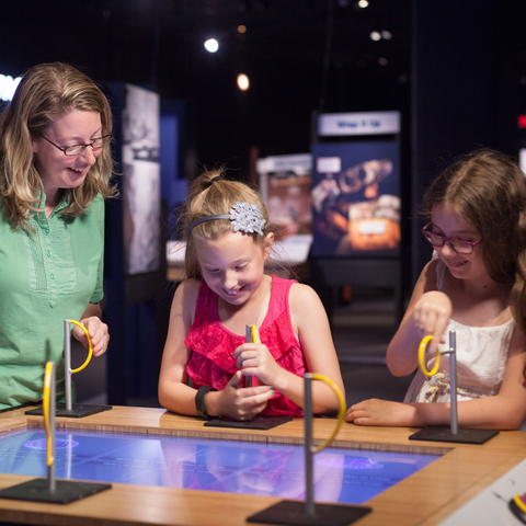 Mom and two young girls working with spinning shapes in Pixar