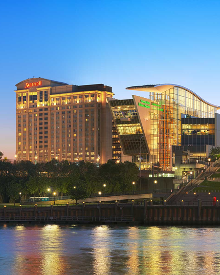View of the Science Center at dusk from the CT River