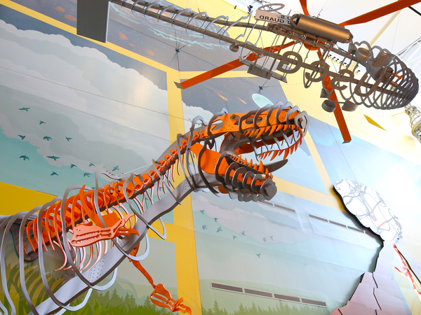 TRex and Helicopter Entrance of Science Center